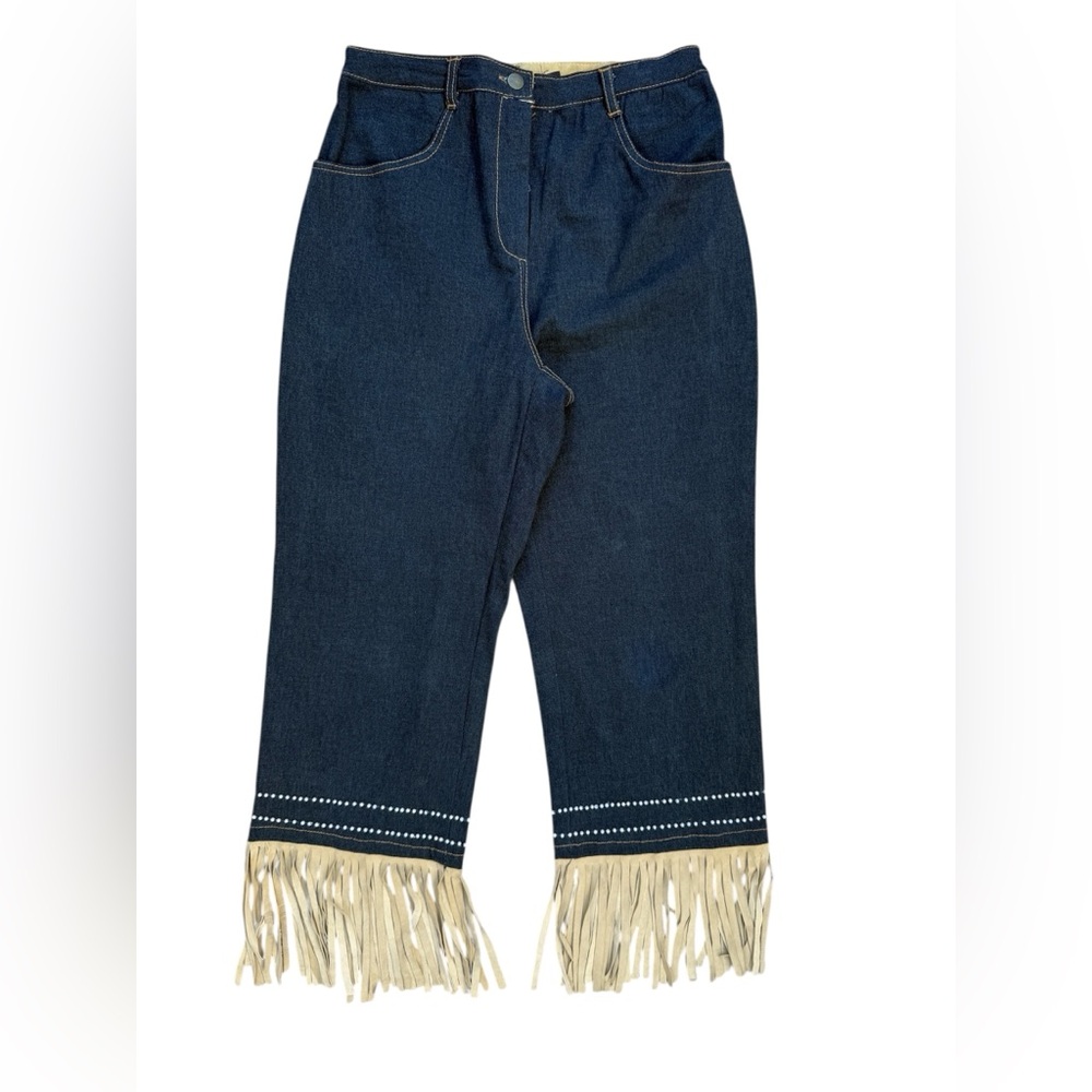Taiga Women’s Western cowgirl Blue Denim Capri Pearls Suede Fringe Jeans Size 6